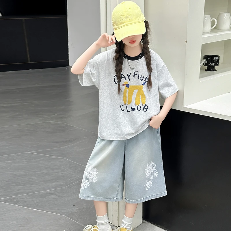 夏季女童时尚韩版套装2025新款中大儿童夏款休闲短袖薄款牛仔中裤