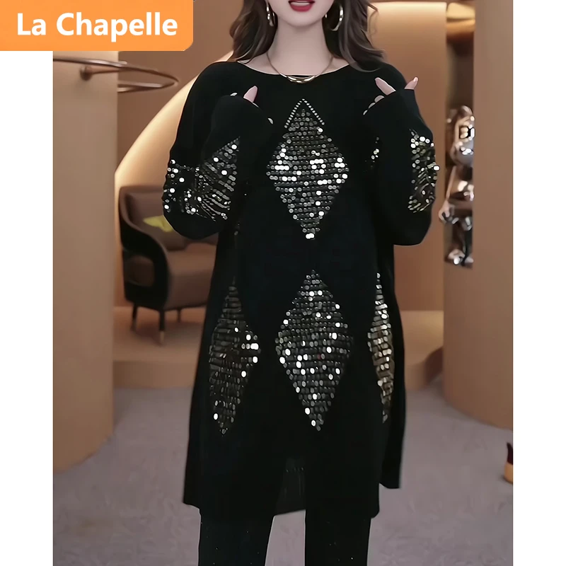 拉夏贝尔欧货重工烫钻高级感黑色毛衣女秋冬季宽松百搭慵懒中长款