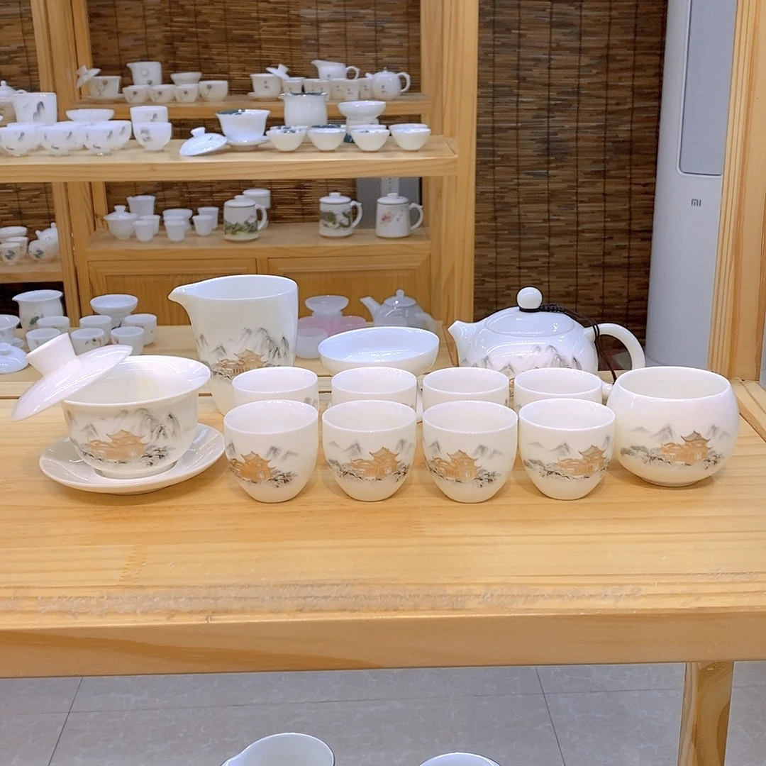 【意陶】亭台楼阁 14件羊脂玉瓷茶具套装高档悬停盖碗茶杯主人杯