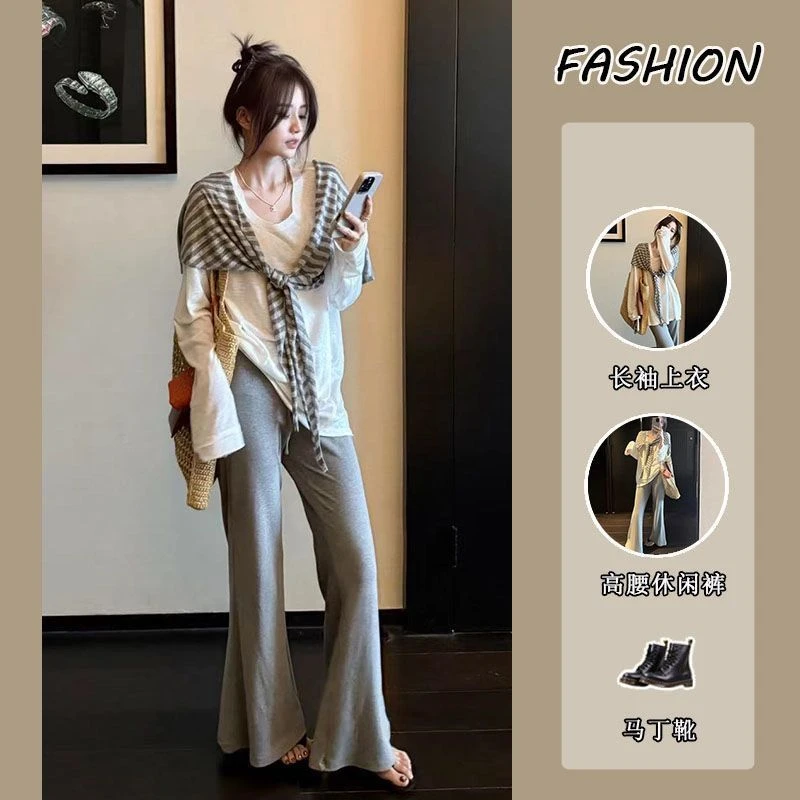 纯欲风辣妹套装2025秋季长袖T恤上衣显瘦披肩高腰休闲裤三件套