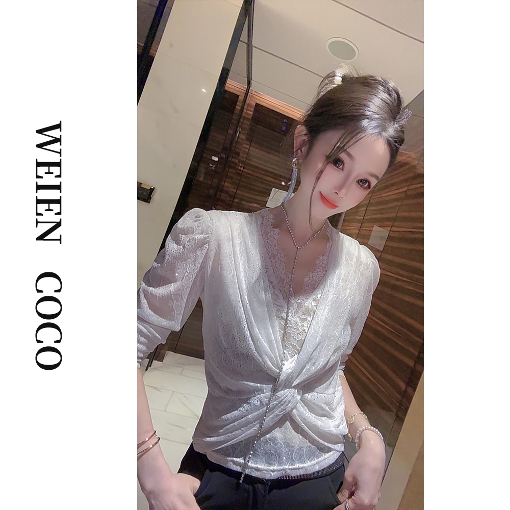 【薇恩COCO】蕾丝镶钻镂空性感气质衬衣休闲百搭春夏新款S3666