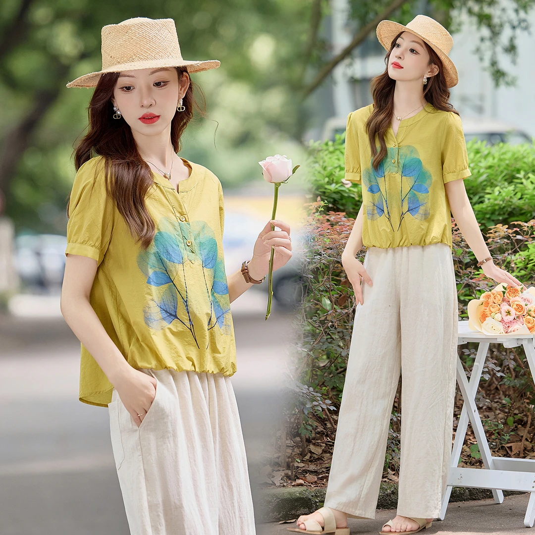 时尚套装休闲夏装文艺气质宽松洋气女装显瘦时尚印花短袖夏季复古