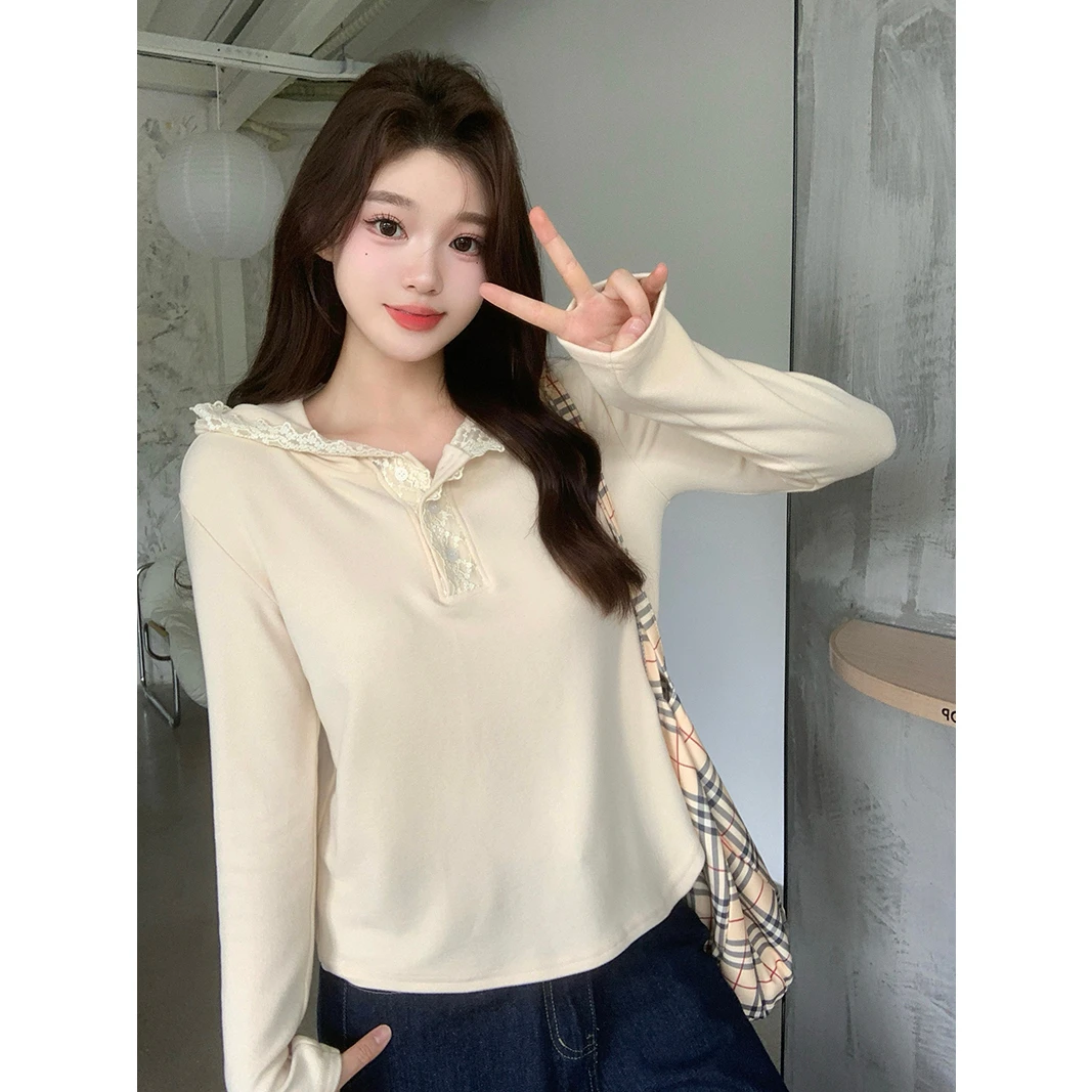 现货2025春装新款胖mm大码加厚保暖蕾丝连帽长袖打底T恤