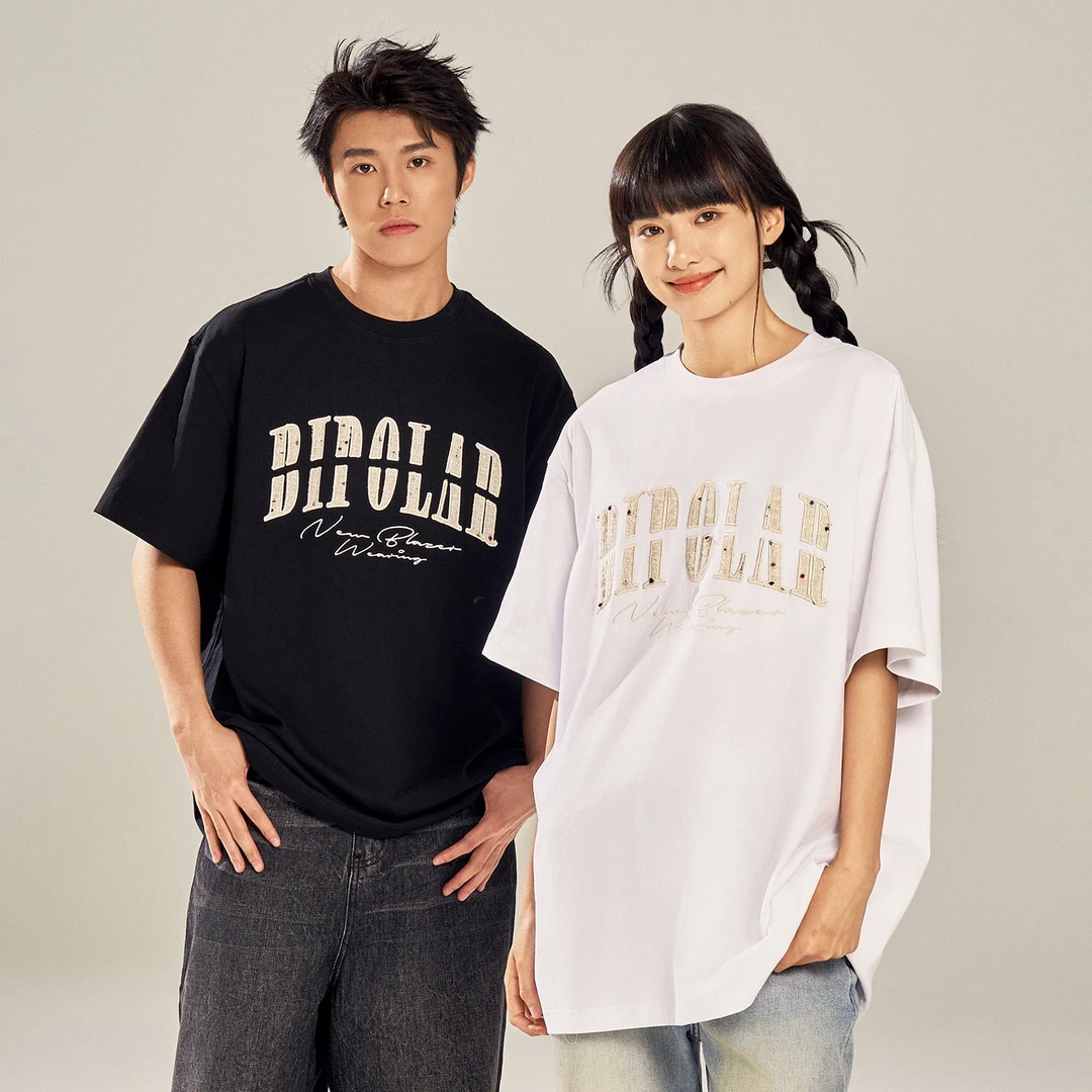 BIPOLAR圆领短袖ins美式纯棉百搭情侣宽松贴布设计感上衣11B214