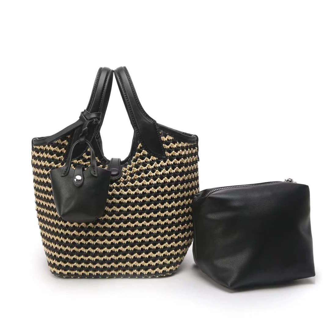 时尚拉菲草手提单肩女包1951#拉菲草/黑