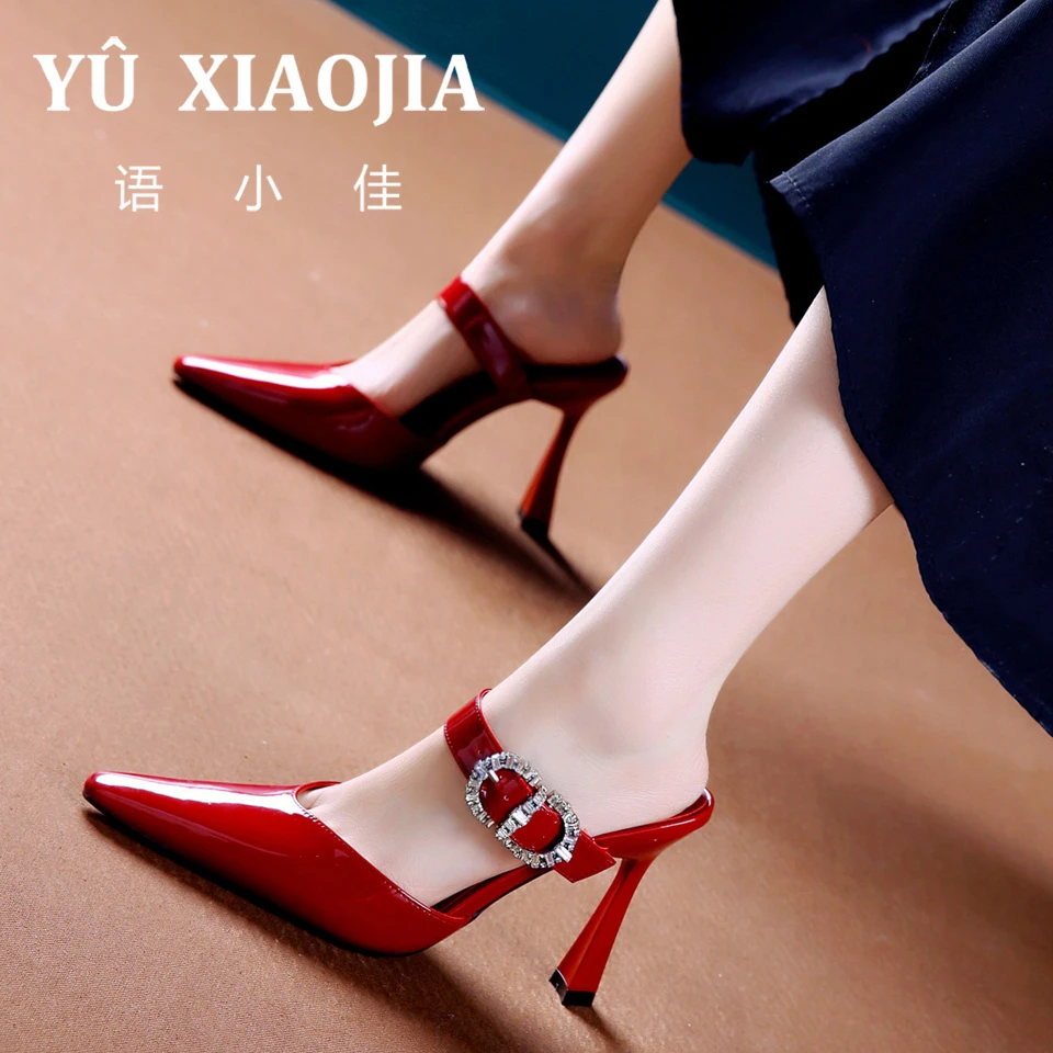 8CM[已开价]春夏漆皮水钻扣细跟半拖鞋高跟包头凉拖鞋外穿女A1009