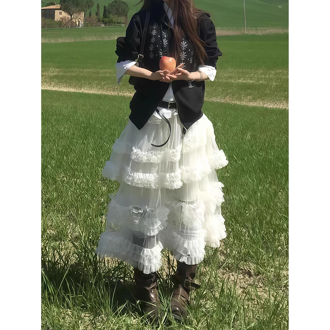 复古杏色网纱蛋糕裙女2025年秋季新款慵懒风仙女裙多层拼接半身裙