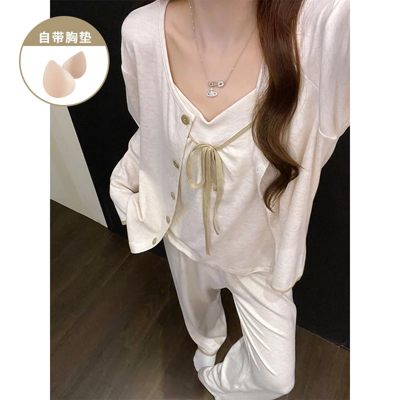 秋冬季爆款简约风带胸垫羊绒睡衣女款三件套装吊带长袖长裤家居服