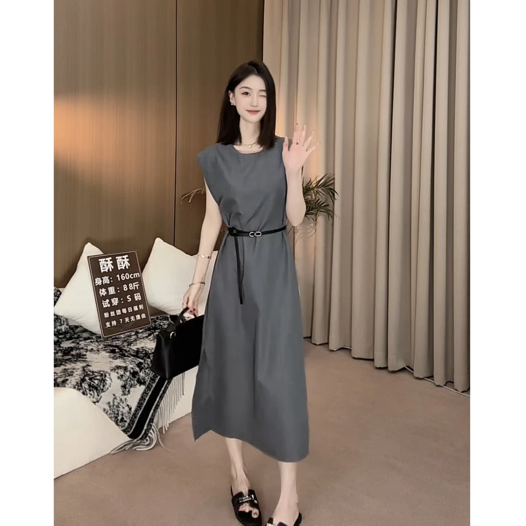 夏季静奢优雅风圆领飞飞袖收腰中长款女式两件套连衣裙