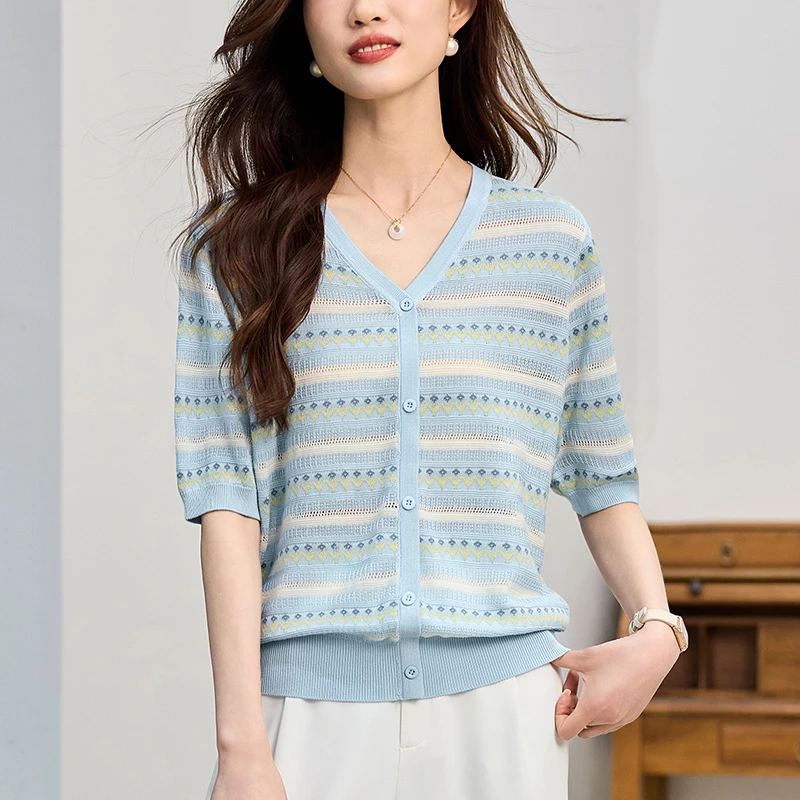 漂亮条纹冰丝针织衫夏季新款女士条纹t恤2025年新款好看减龄小衫