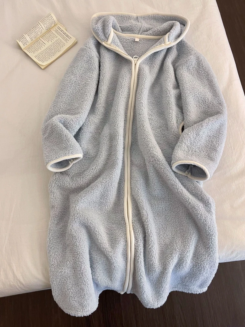 【DMXJ大梦想家】简约纯色连帽珊瑚绒睡袍女冬季新款保暖睡衣家居服