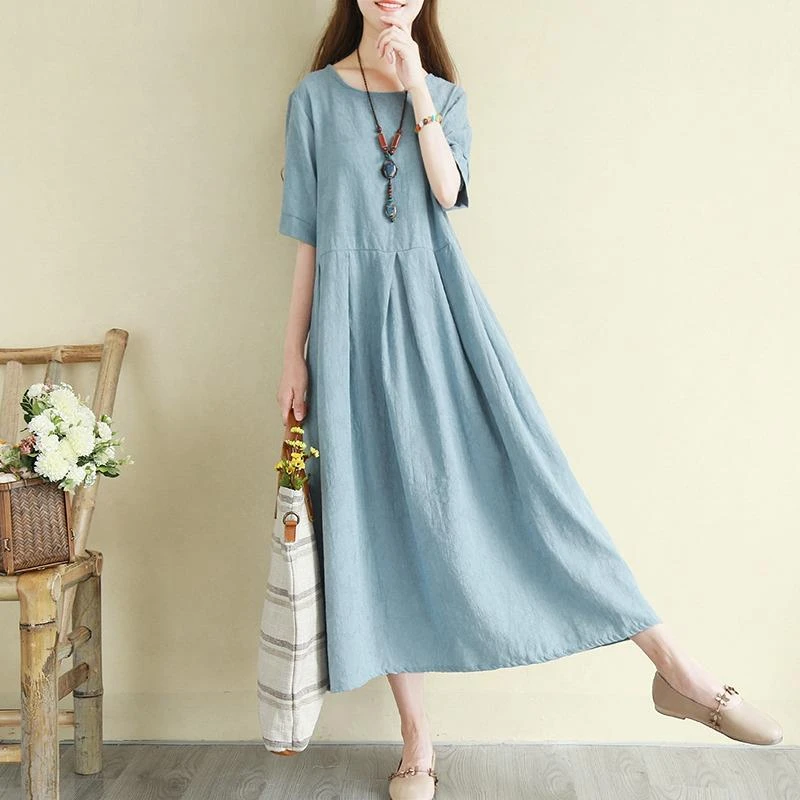 2025年夏季新款文艺纯色棉麻连衣裙女宽松气质休闲连衣裙女夏季