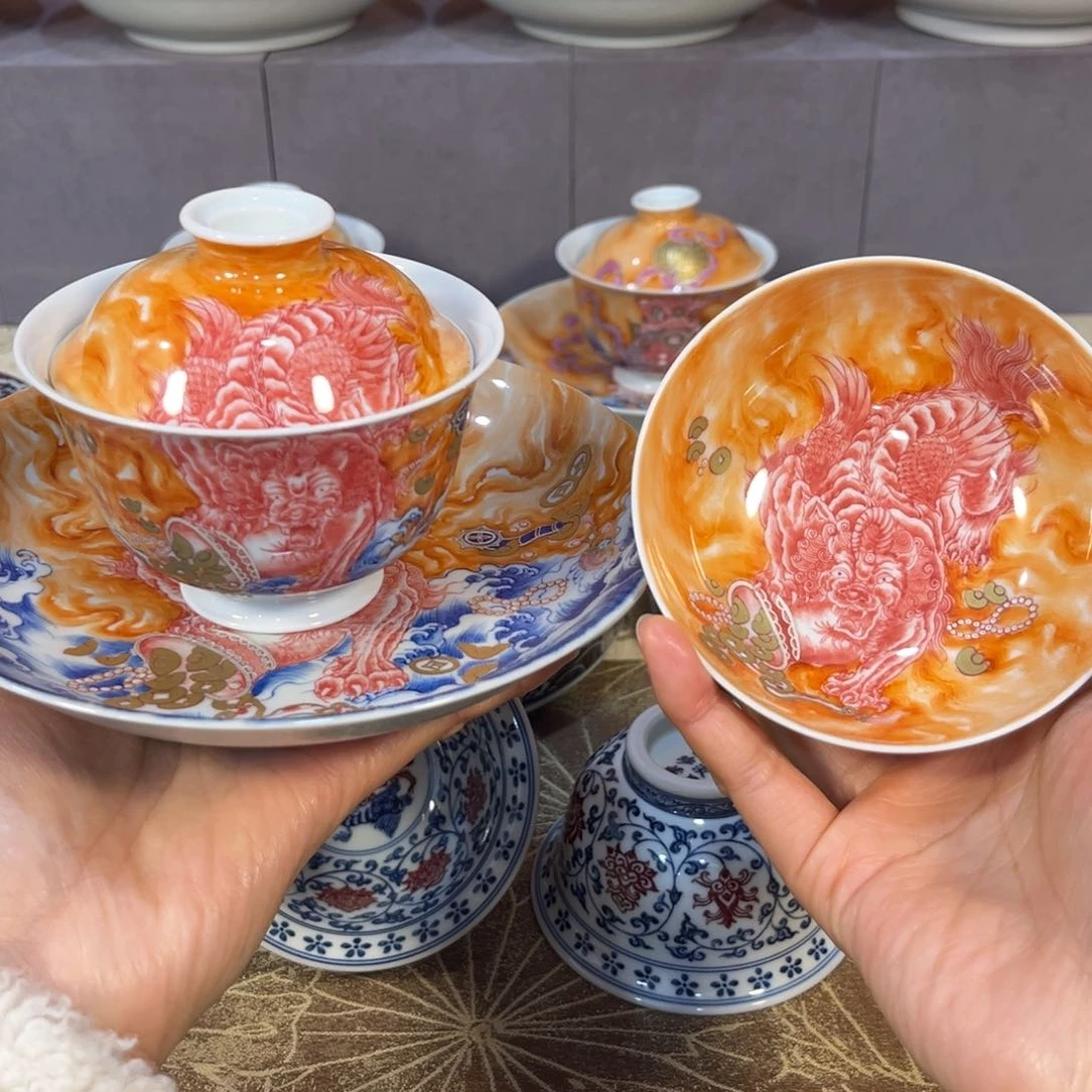 橘*皮手绘仿清青花矾红貔貅三件套