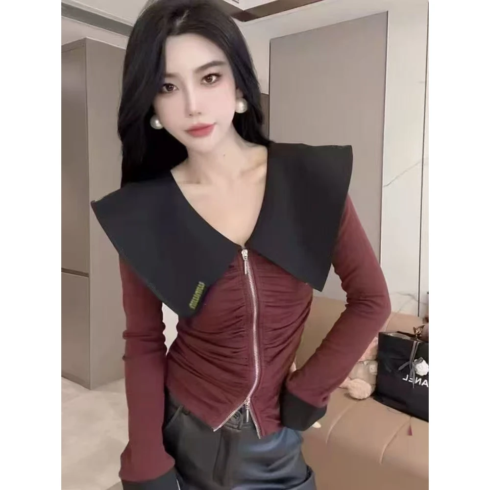 翻领海军领长袖T恤拼接显瘦收腰轻奢设计感气质设计师不规则