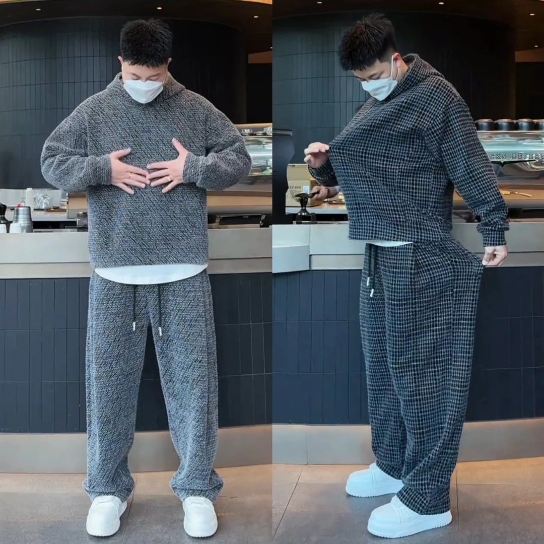 秋冬重磅加厚保暖连帽休闲套装男士轻奢连帽卫衣阔腿裤运动两件套