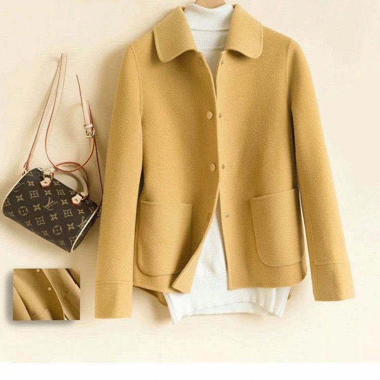 其它100%仿毛呢短款大衣外套女秋冬宽松纯色长袖开衫女装外贸eBay