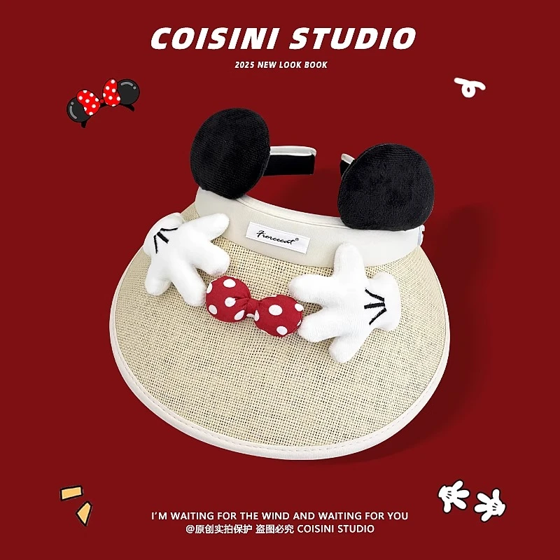 可爱蝴蝶结米奇立体耳朵空顶防晒草帽女夏季户外遮阳防紫外线防晒