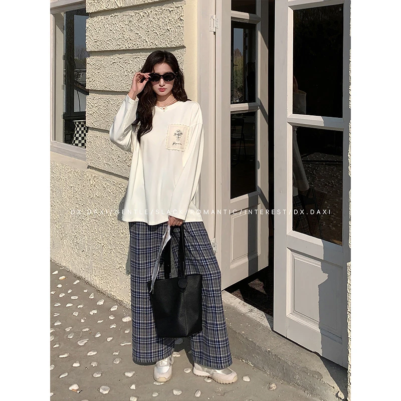 代大喜【春野信函】休闲蓝色格纹加绒加厚休闲裤2025新款毛呢阔腿裤