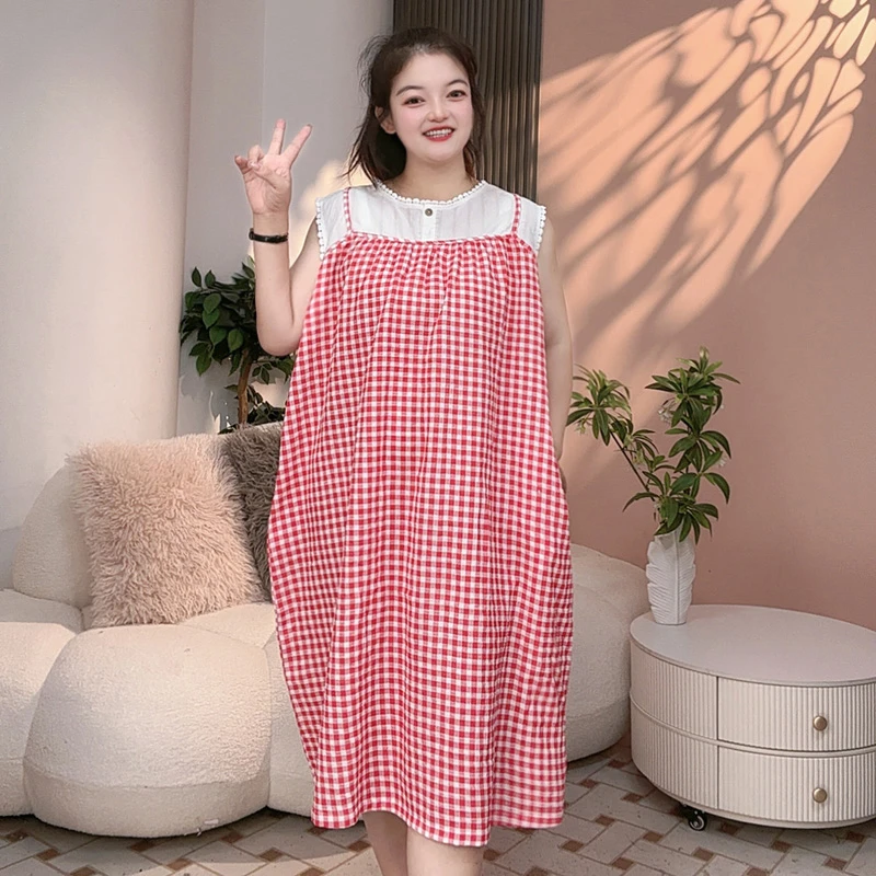 夏季大码纯棉睡裙女款爆款2025新款宽肩吊带裙卡通格子家居休闲裙