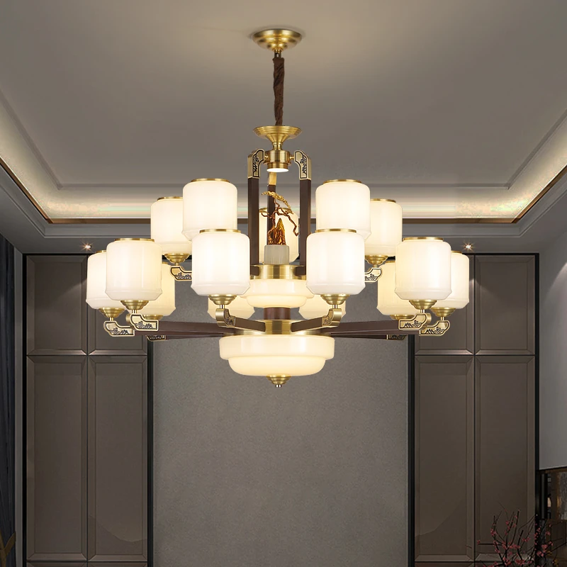 新中式全铜别墅客厅大吊灯实木中国风大气家用复式楼挑空灯具