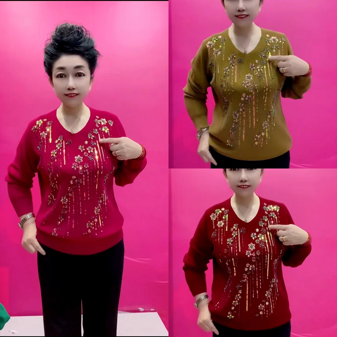中老年女装长袖秋冬V领手工串珠亮片焦麻针织长袖宽松妈妈衫