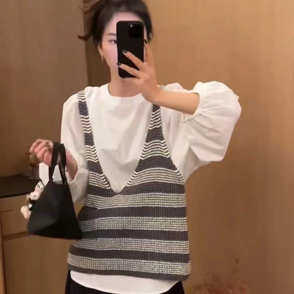 2025秋季新款韩系设计感针织条纹吊带马甲+长袖衬衫百搭两件套女
