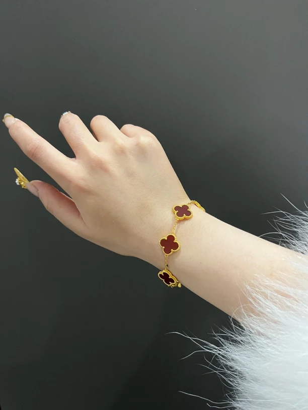 足银手链 轻奢四叶幸运草（红）五花手链时尚百搭气质金色经典
