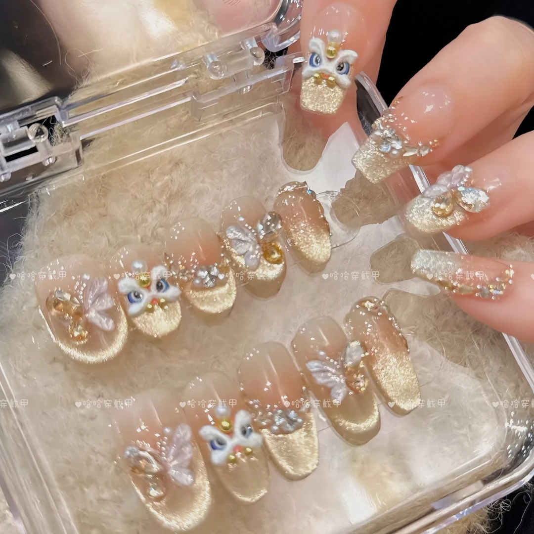 烫金醒狮 纯手工穿戴甲猫眼美甲