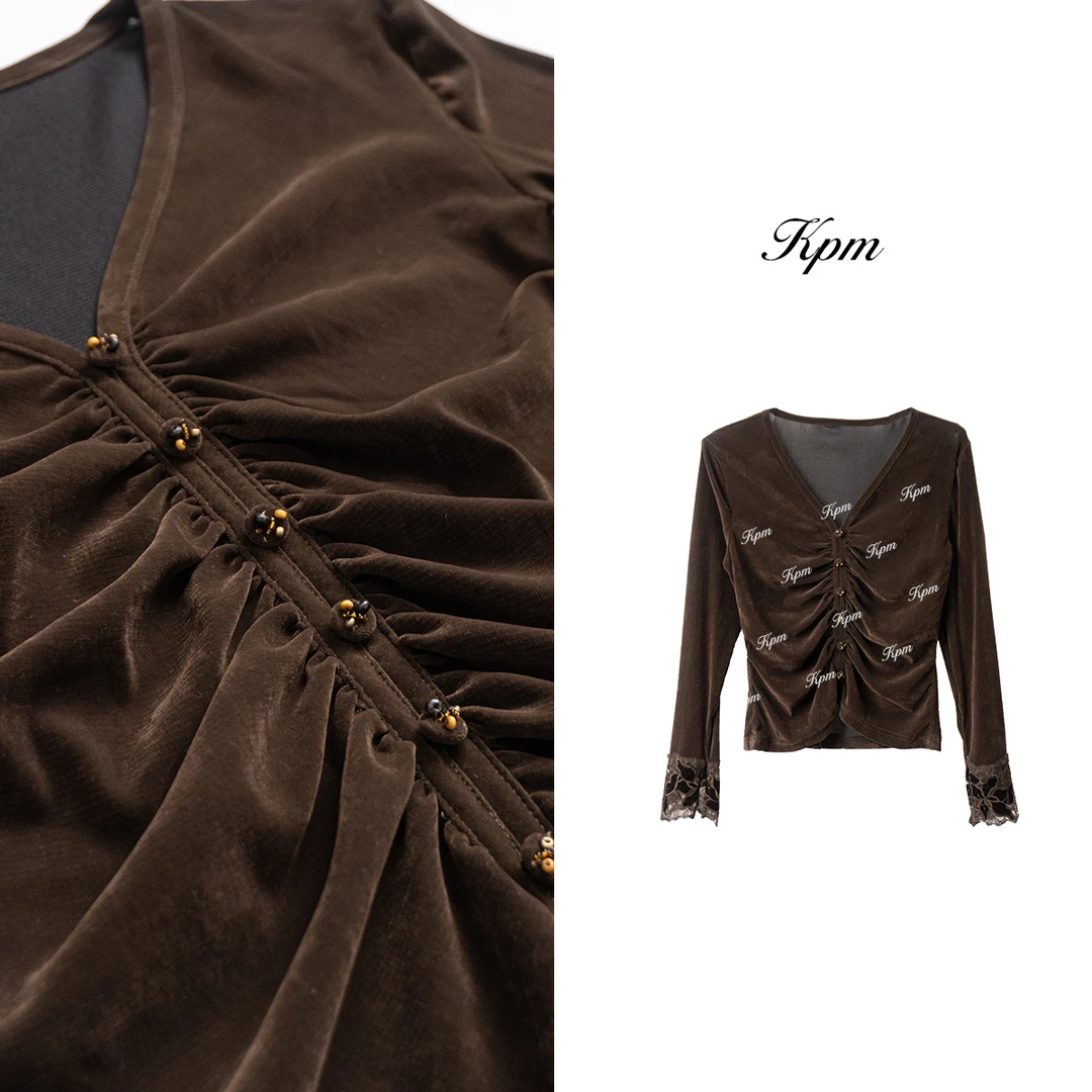 2025早秋新品设计感法式复古洋气蕾丝拼接褶皱V领长袖上衣JN8284