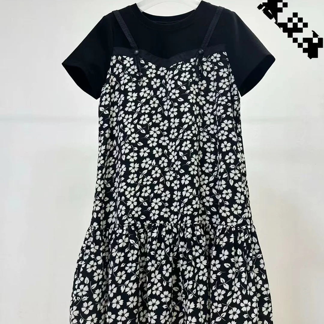 ZL703夏季透气宽松收腰显瘦气质遮肉中长款碎花拼接连衣裙