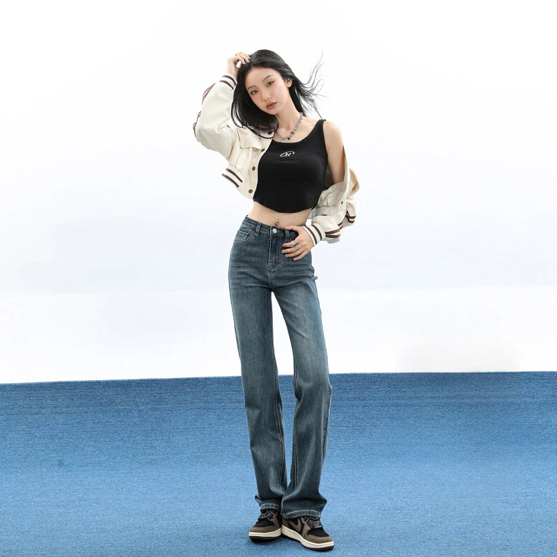 春秋时尚复古牛仔裤女装高腰显瘦2025年春季新款韩系风直筒长裤高