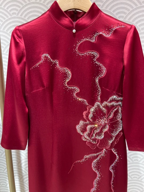 朱紫褕176877分袖旗袍喜婆婆喜妈妈婚礼修身中长款中式宴会