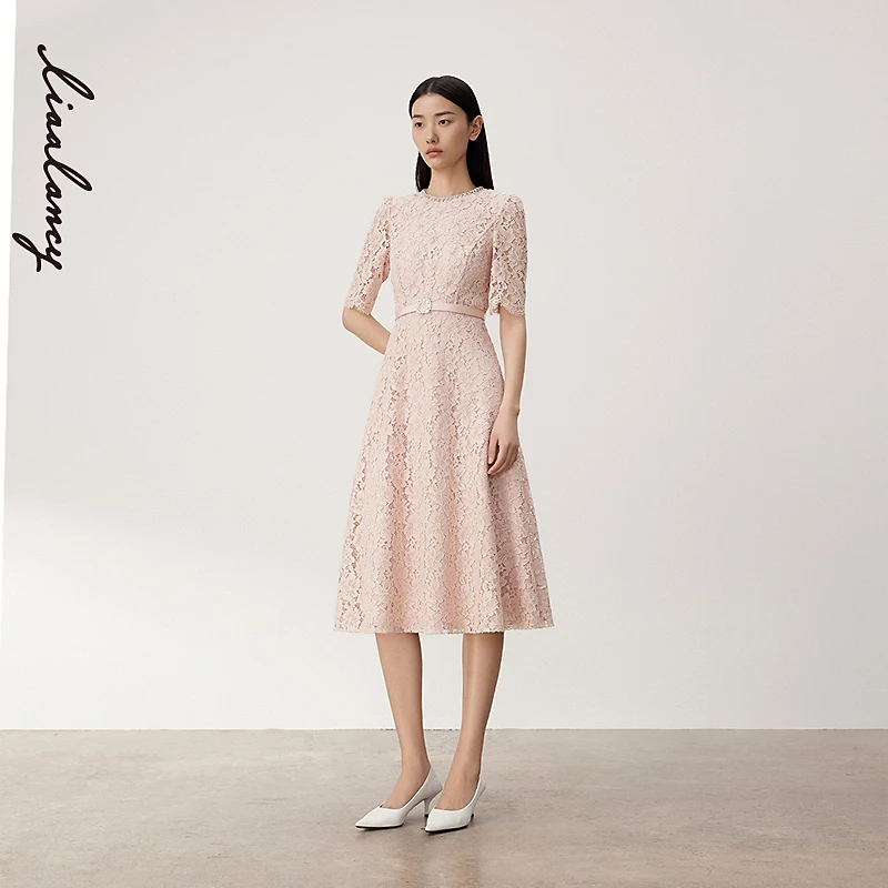 LANCY/朗姿2024夏季新款蕾丝气质a字连衣裙钻链腰带收腰中长裙女