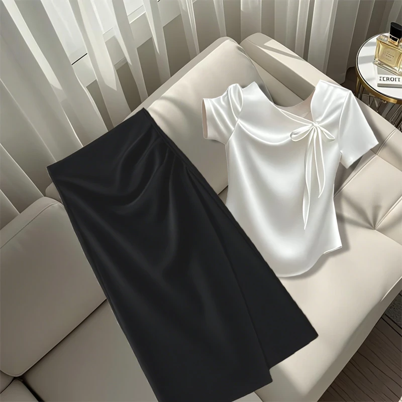 单/新中式短袖T恤女国风上衣夏季新款百搭显瘦半身裙两件套女