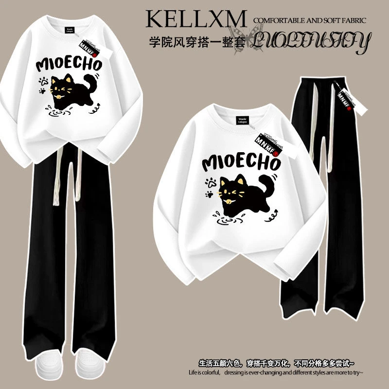 潮流可爱猫咪印花女童100%纯棉长袖t恤长裤套装秋季中大童两件套