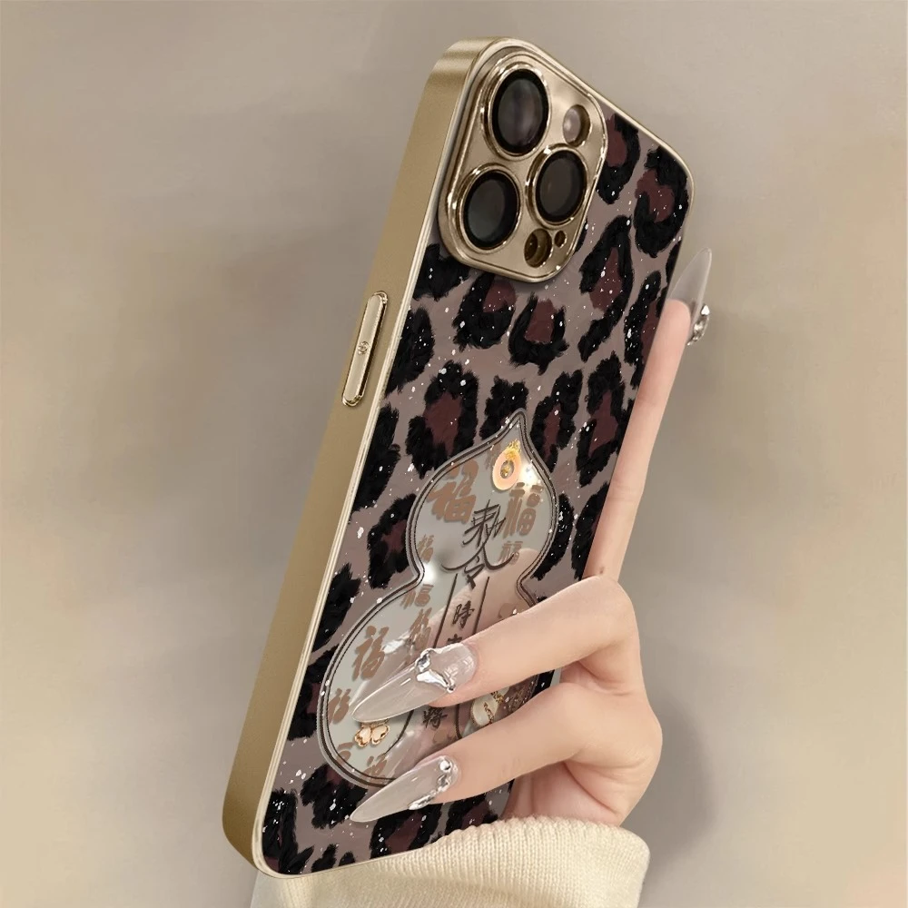 适用于苹果16promax女款电镀镜面手机壳iPhone15豹纹葫芦镜头全包