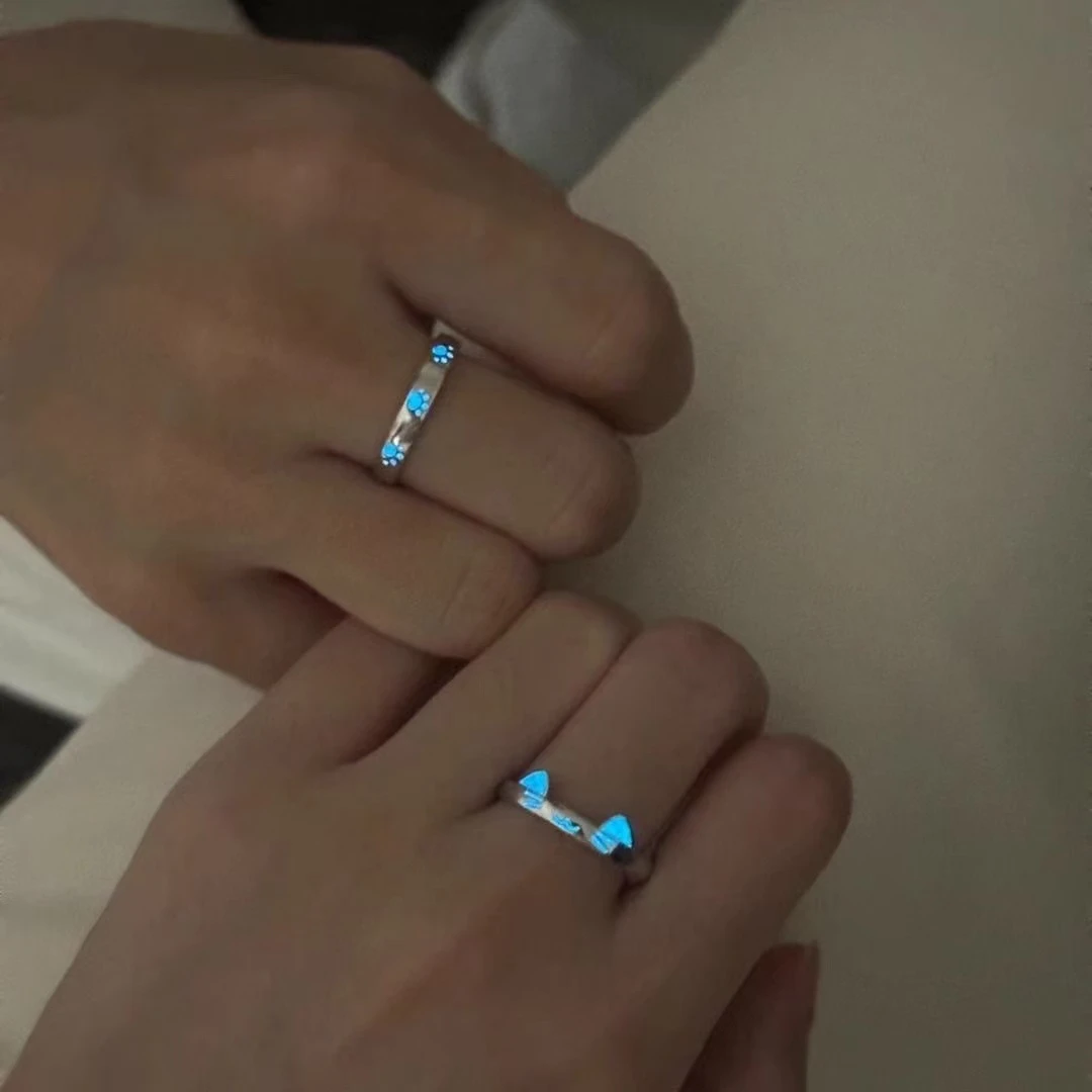 合金戒指 夜光猫狗情侣小众简约卡通素圈对戒开口指环情人节礼物