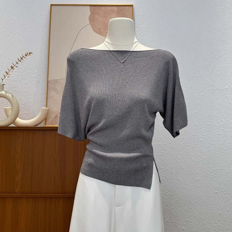 不规则设计款款通勤短袖法式夏季冰丝织衫小众上衣山系海妖风