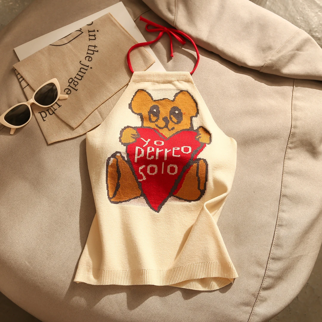 辣妹小熊提花针织挂脖吊带背心女夏季修身露背美背内搭美背小上衣