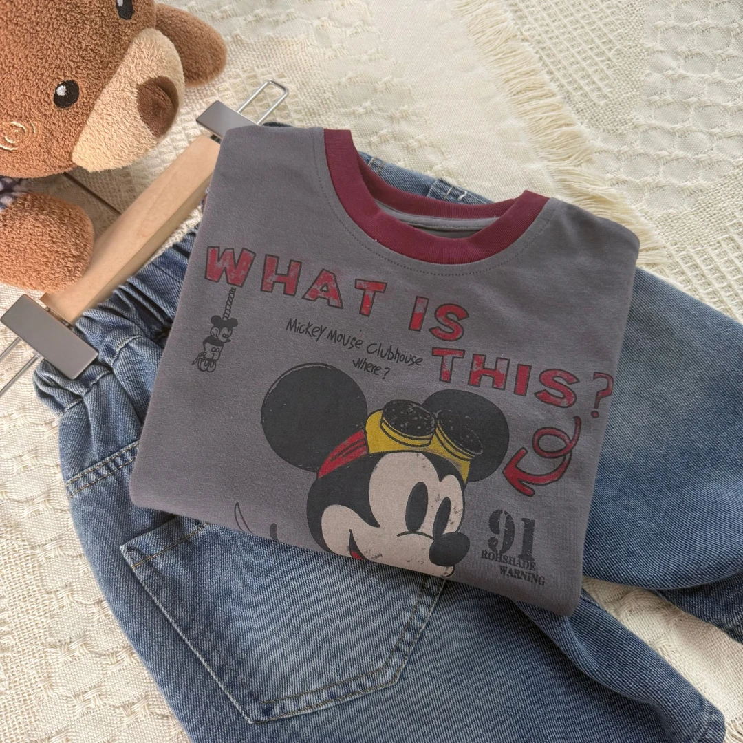 【米奇水印短袖】复古潮牌泡菜国儿童夏季纯色休闲圆领韩版宽松短袖