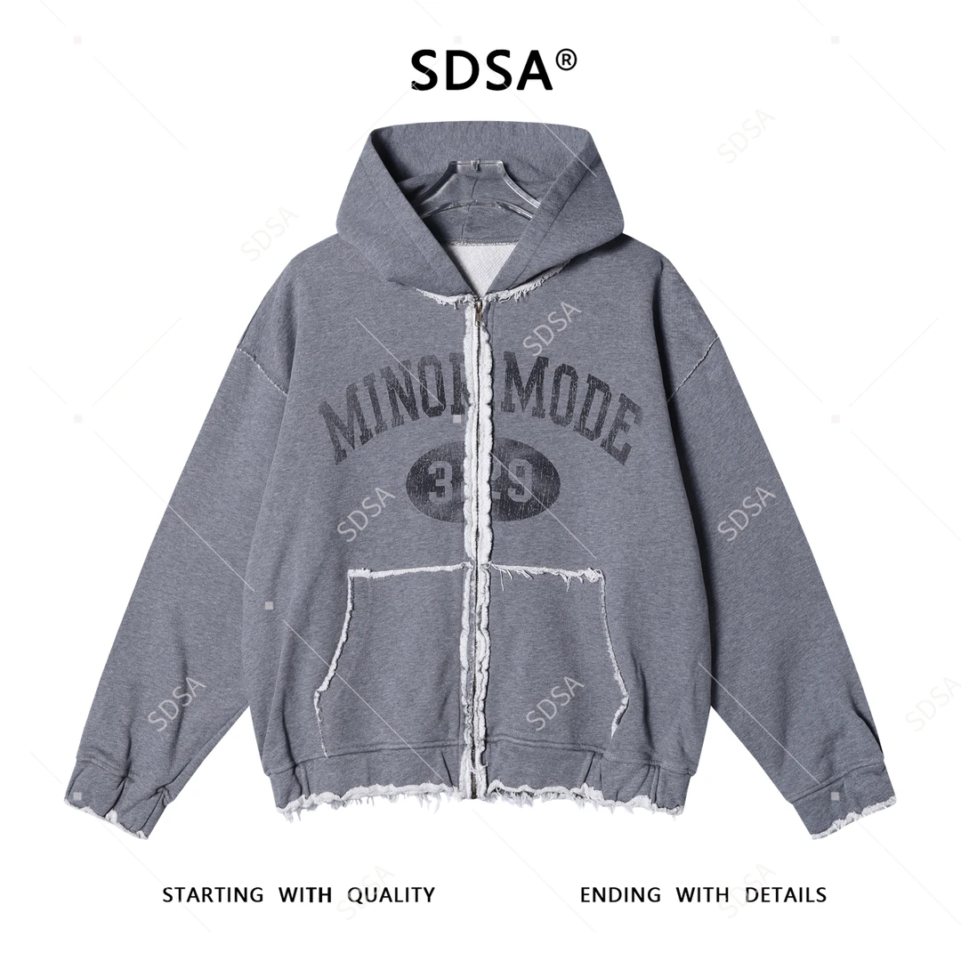 SDSA秋冬新款痞帅男装美式磨边印花字母拉链连帽卫衣百搭时尚外套