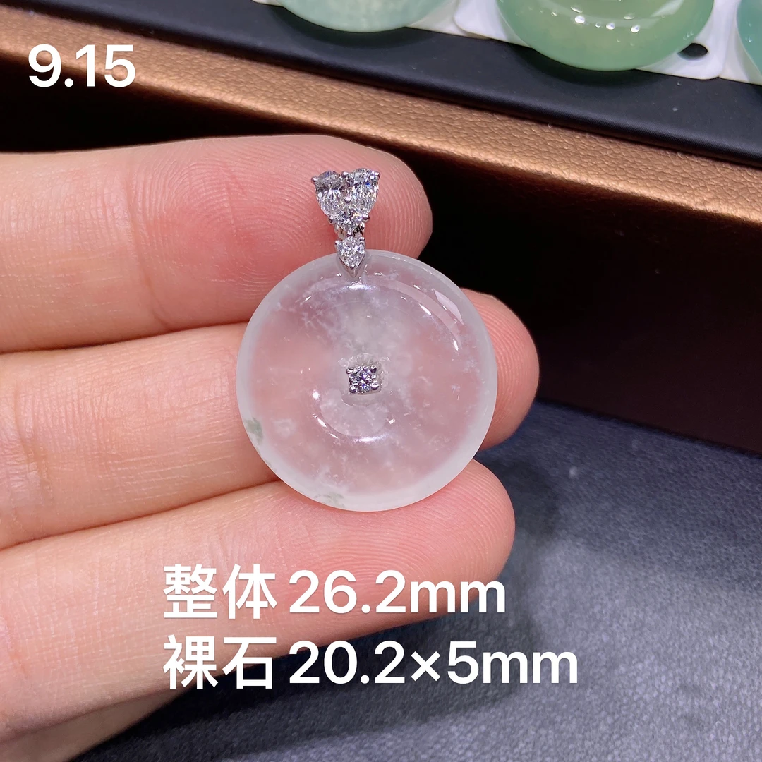 缅甸天然A货翡翠，18k金冰种起钢光 飘雪花棉平安扣吊坠，精美精致Z
