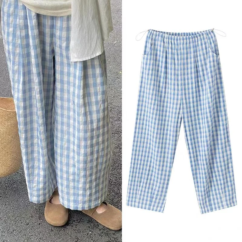 小个子孕妇裤子新款夏季无托腹薄款宽松显瘦蓝色格子裤外穿直筒裤