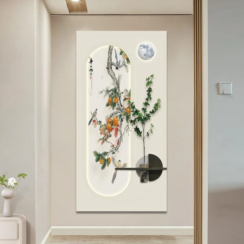 柿子玄关装饰画走廊过道入户正对门挂画新中式竖版事事如意砂岩画