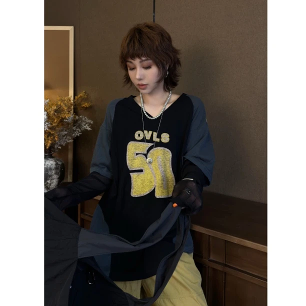 HY1987罗罗夏季V领50字母短袖T恤百搭休闲复古长袖防晒设计感