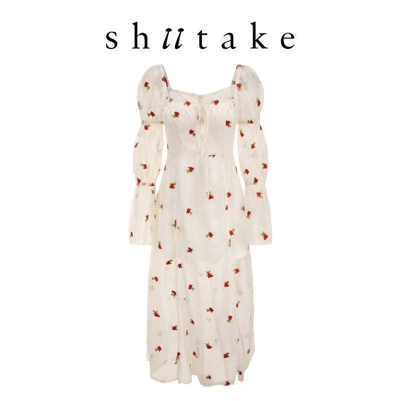 Shiitake白底红花提花纱纱裙连衣裙女长款小众设计