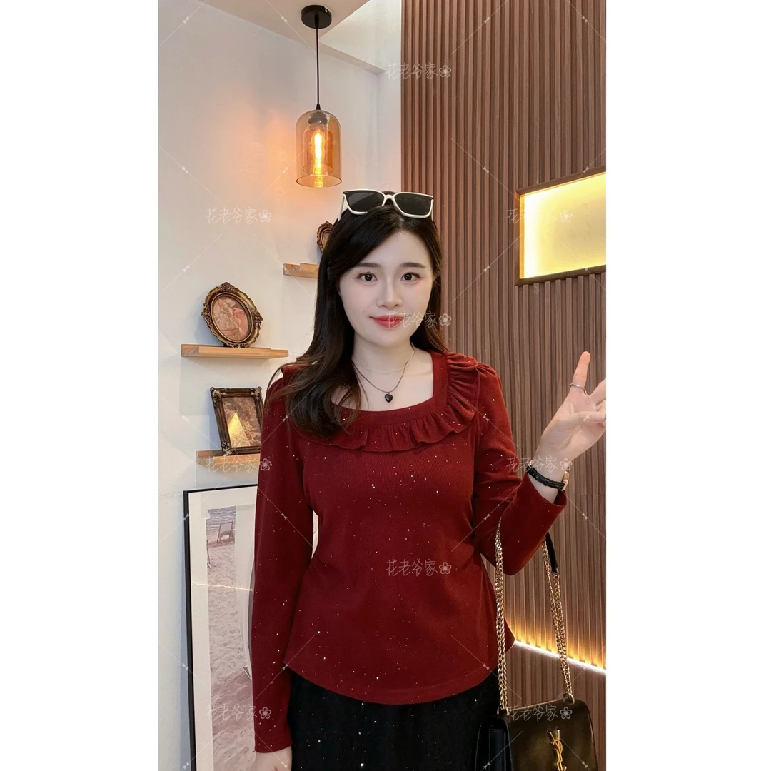 【仅上衣】花老爷微胖大码女装洒金花边领上衣HLY3607