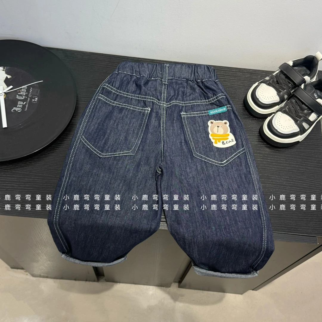 【夏】不掉色C25115原色后袋小熊薄牛仔裤