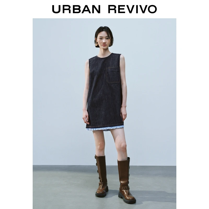 UR2025夏季新款女装休闲拼接格纹无袖牛仔连衣裙UYY850157