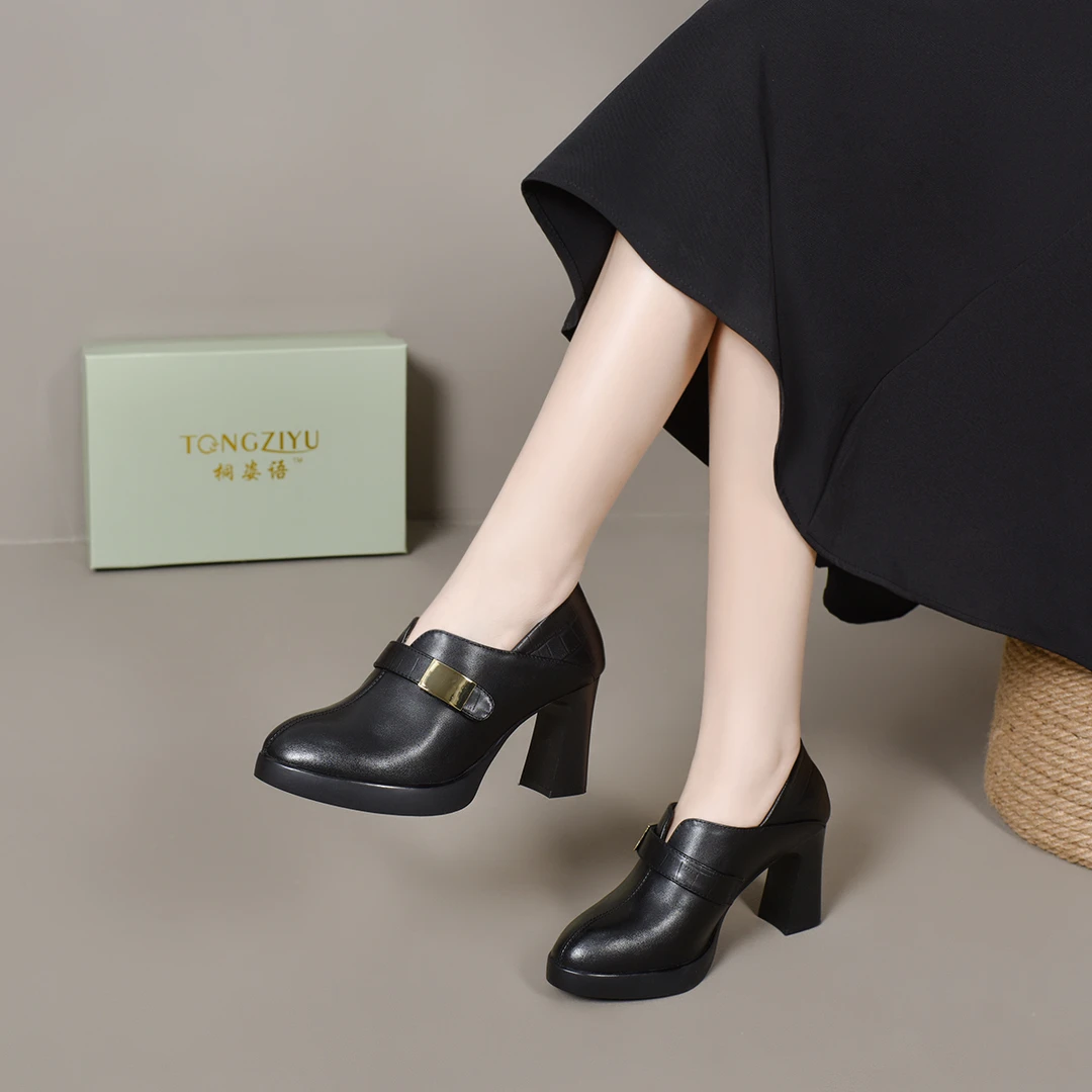 2025年春季新款圆头厚底防水台高跟粗跟黑色单鞋时尚百搭深口女鞋